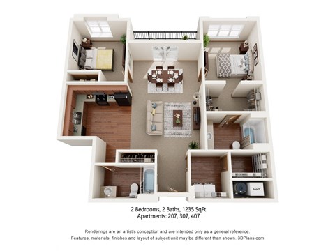 2-bedroom, 2 bathroom apartment with balcony.